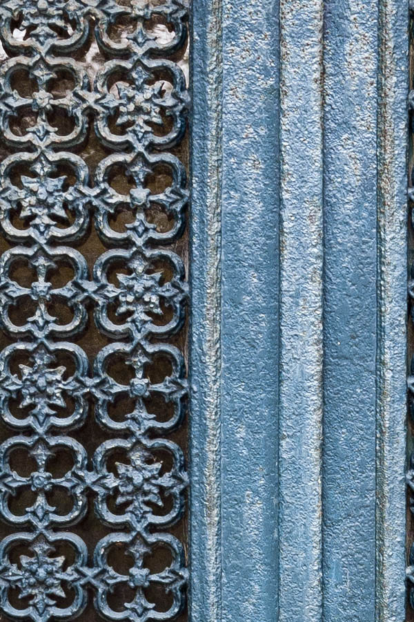 Photo 15590: Worn, blue cast iron double door with latticed door lights
