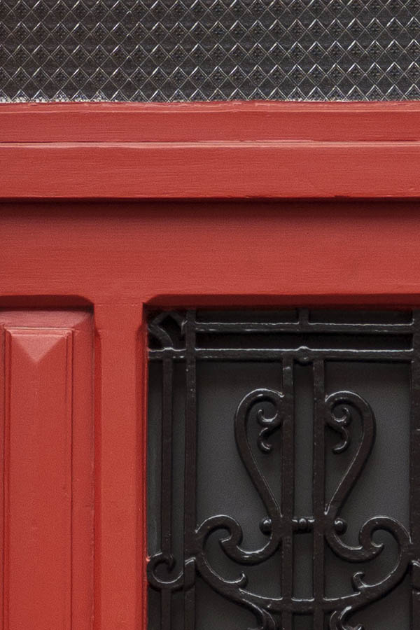 Photo 15660: Panelled, red door with top window and latticed door light