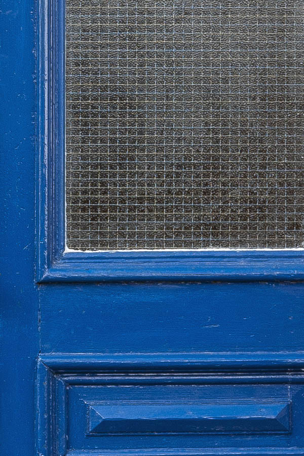 Photo 16942: Panelled, carved, blue double door with door light and top window