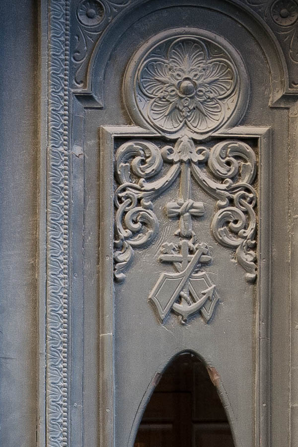 Photo 17686: Worn, panelled, carved, grey double door with oval door lights