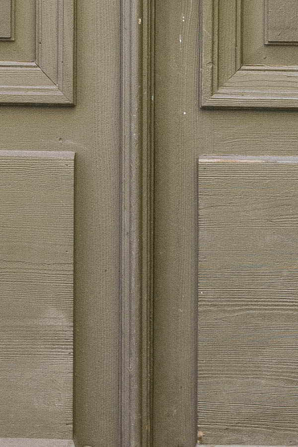 Photo 17923: Lopsided, panelled, carved, light green double door with formed, round door lights