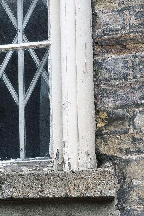 Photo 18878: Barred, formed, white sash window with 12 panes