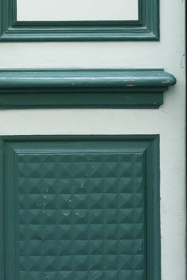 Photo 20164: Panelled, carved, green and white double door with top window