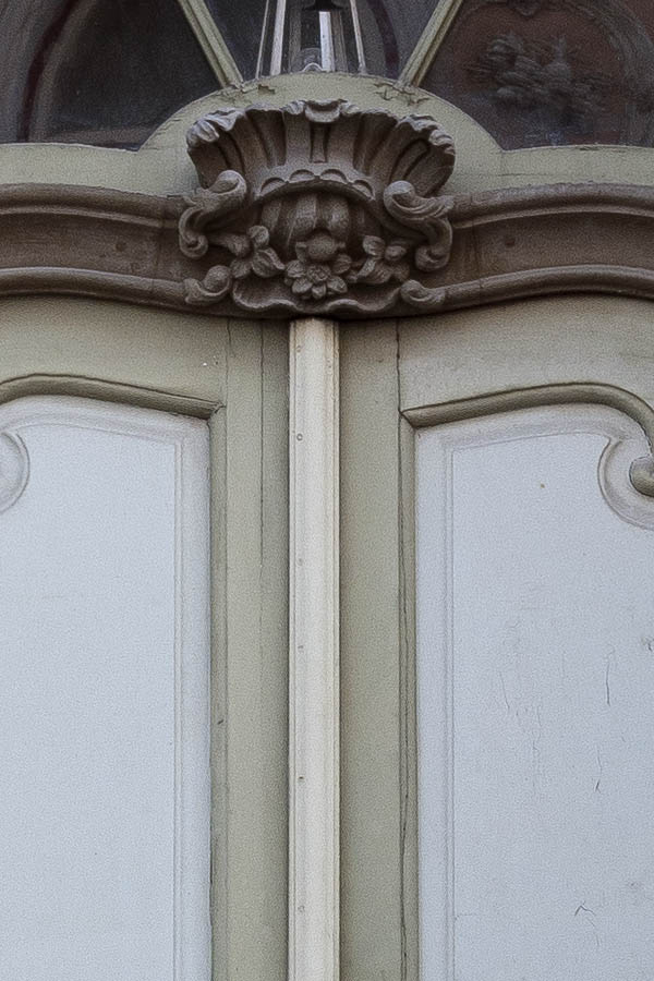 Photo 20267: Large, formed, carved, green and grey double door with a large fan light
