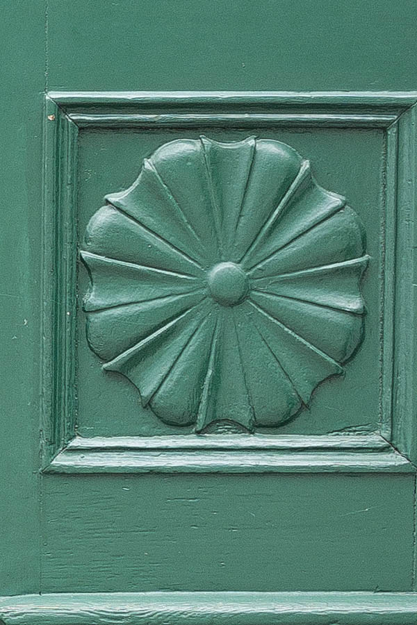 Photo 23848: Panelled, carved, green door with sidepiece, latticed door lights and top window