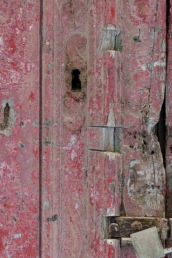 Photo 24207: Decayed, panelled, red double door with latticed top window