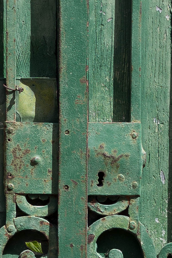 Photo 24284: Worn, green, latticed metal double door