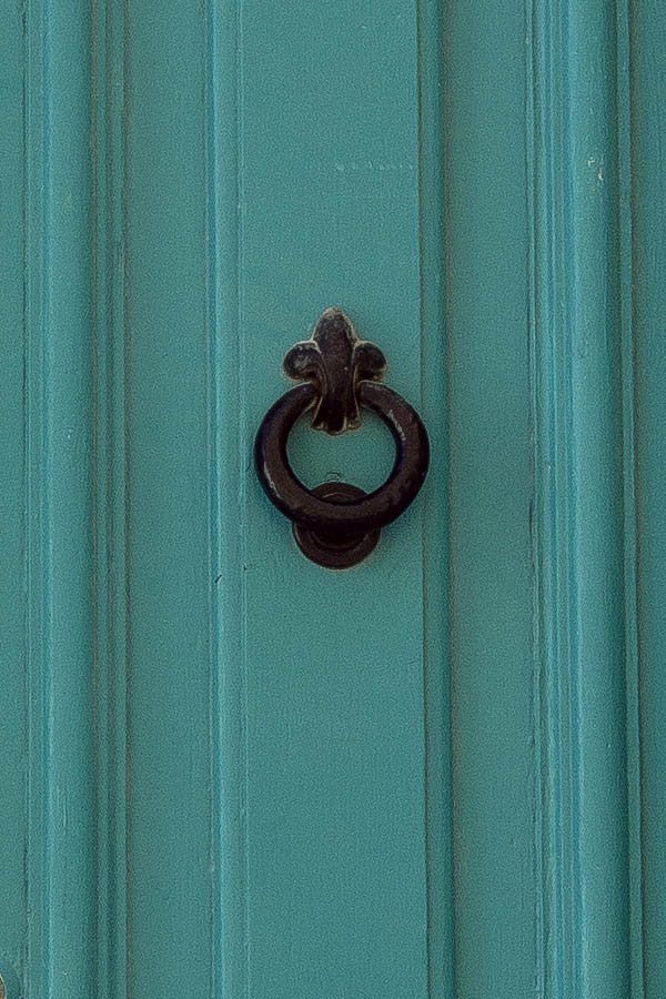 Photo 24332: Narrow, panelled, light blue double door with latticed top window
