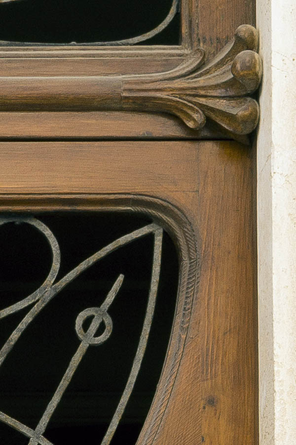 Photo 24339: Panelled, carved, formed, brown, lacquered double door in Art Nouveau style with latticed door light