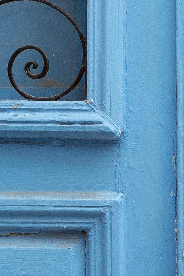 Photo 24515: Lopsided, formed, light blue gate with latticed door lights and minor door
