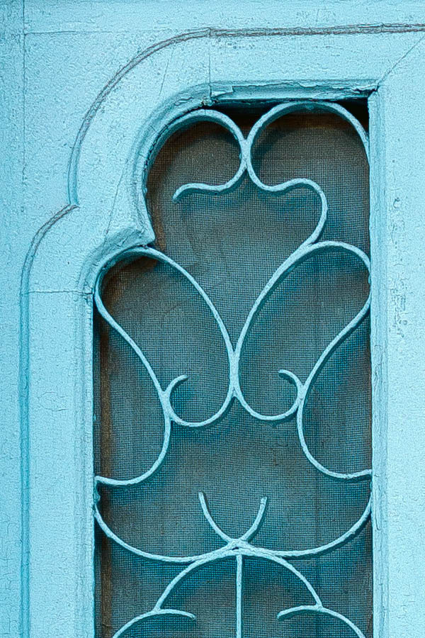 Photo 24534: Narrow, panelled, formed, light blue double door with latticed door lights and formed, latticed top w
