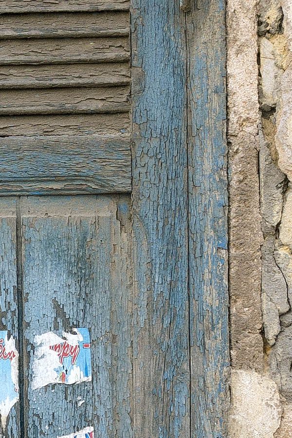 Photo 24564: Decayed, panelled, light blue double door with door lights