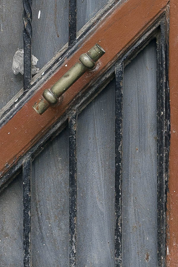 Photo 24596: Worn, panelled, carved, brown double doors with latticed door light