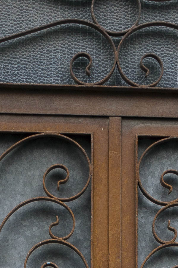 Photo 24739: Panelled, brown metal double door with latticed door lights
