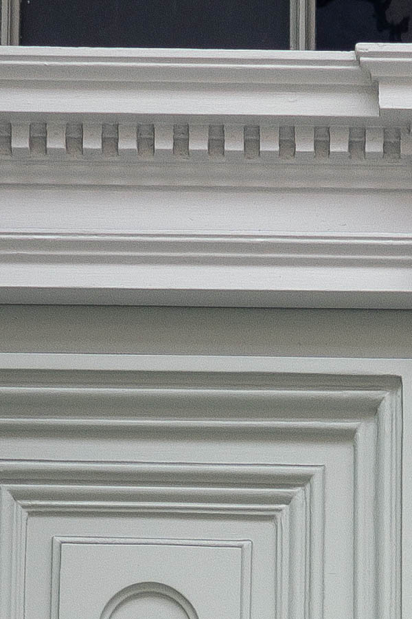 Photo 24922: Panelled, carved, light grey double door with top window