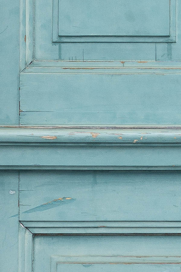 Photo 24953: Wide, worn, panelled, formed, light blue door with fan light
