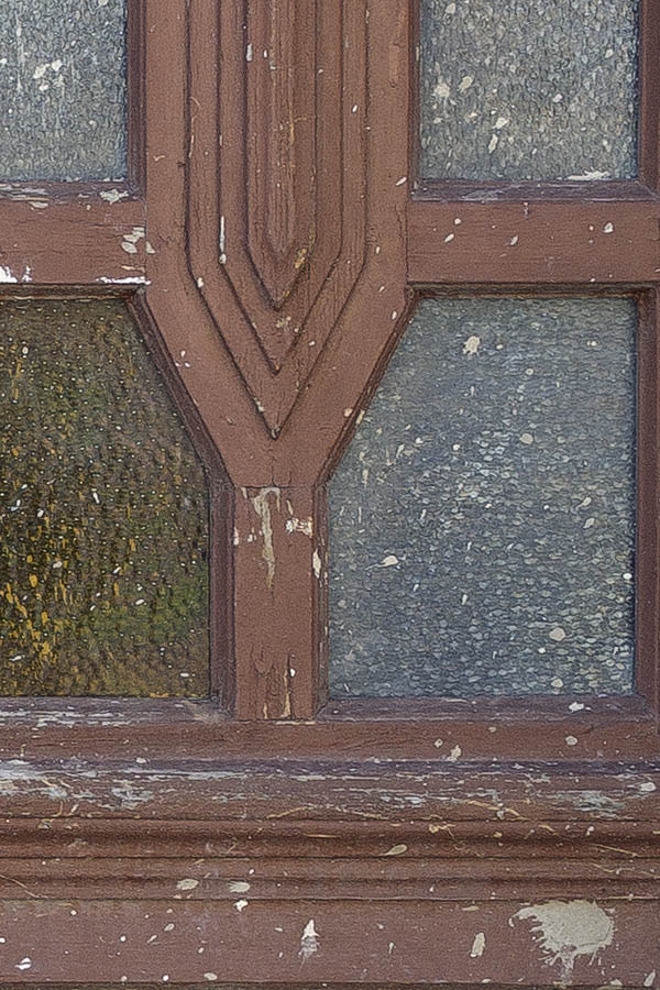 Photo 25371: Worn, panelled, carved, brown double door with formed door lights and top window in Art Nouveau styl