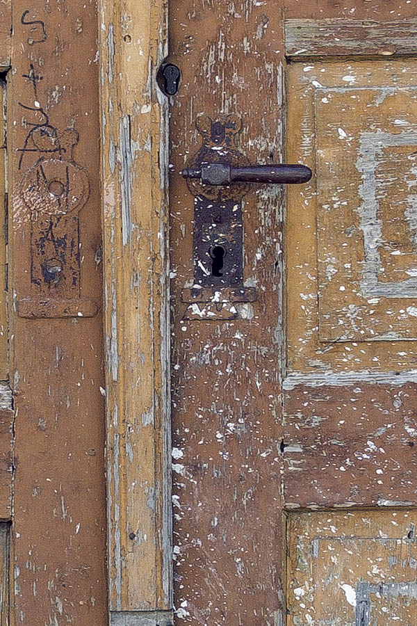 Photo 25374: Decayed, panelled, orange and brown double door