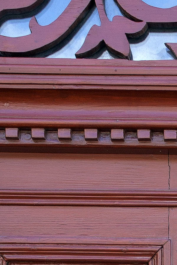 Photo 25388: Panelled, carved, brown double door with top window