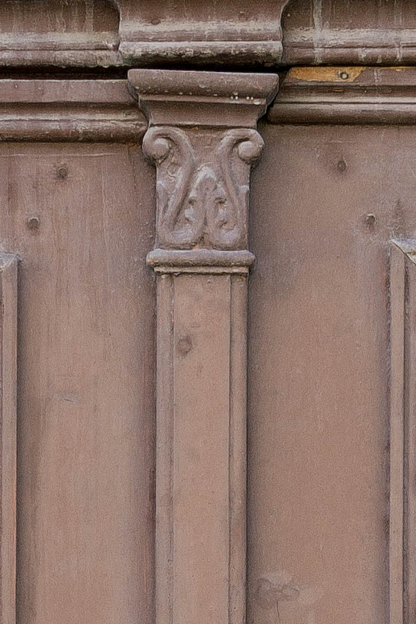 Photo 25453: Panelled, carved, brown double door with top window