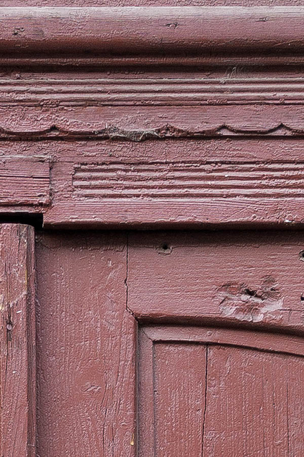 Photo 25581: Worn, panelled, formed, carved, red double door with top window