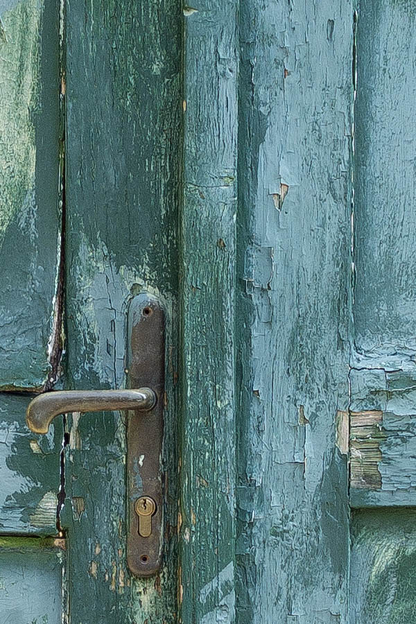 Photo 25994: Decayed, panelled, teal and green double door