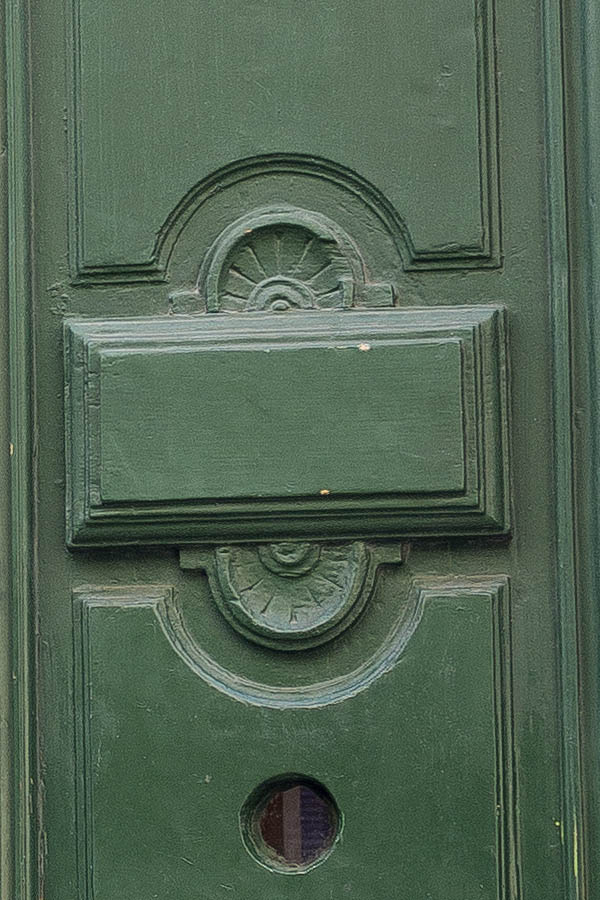 Photo 26058: Panelled, carved, green double door with fan light