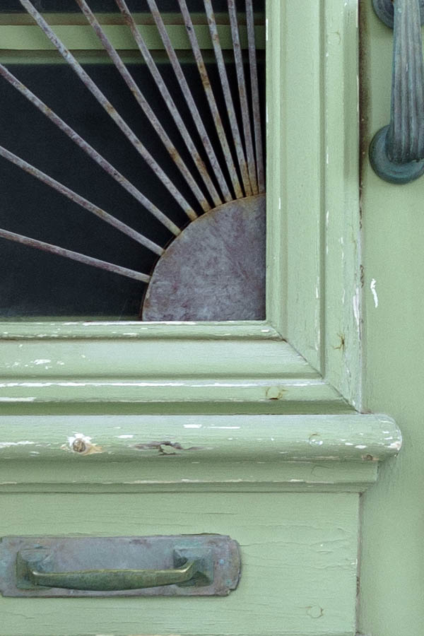 Photo 26727: Light green, panelled, latticed double door with top window