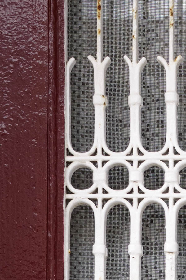 Photo 26728: Narrow, red, panelled double door with white lattice