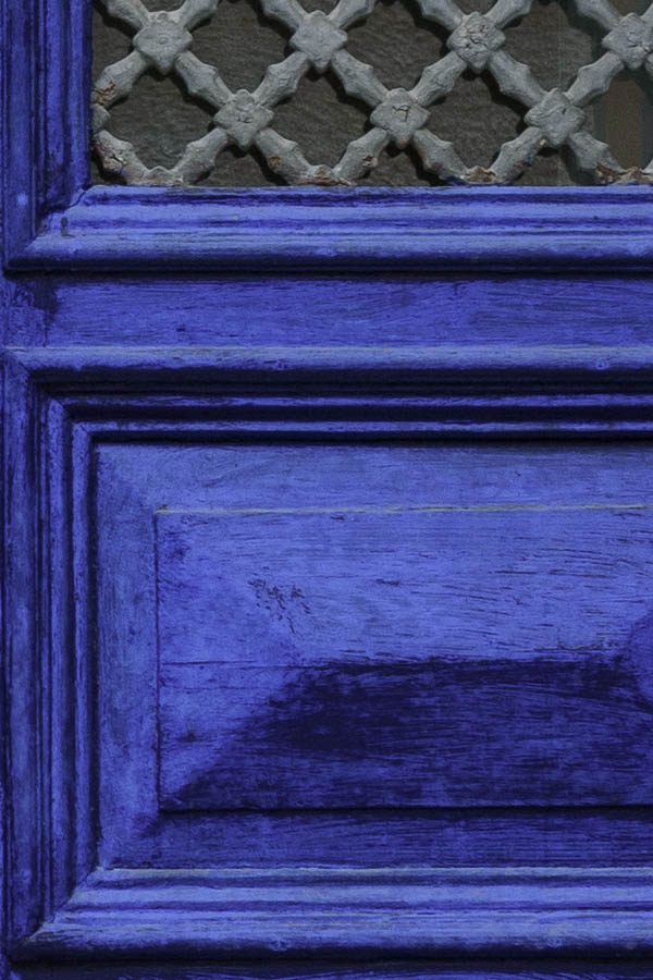 Photo 27178: Panelled, blue double door with grey, latticed door lights