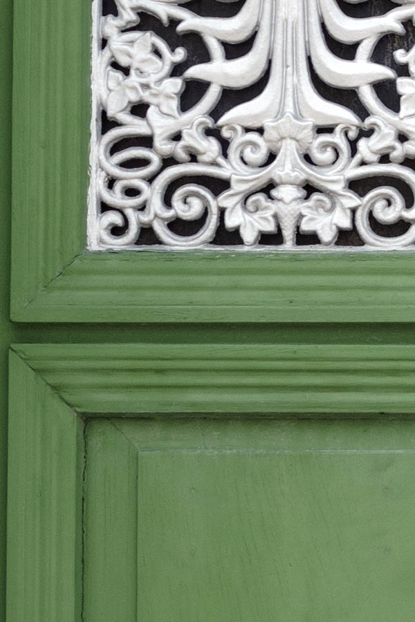 Photo 27326: Green, panelled double door with door lights and white lattice