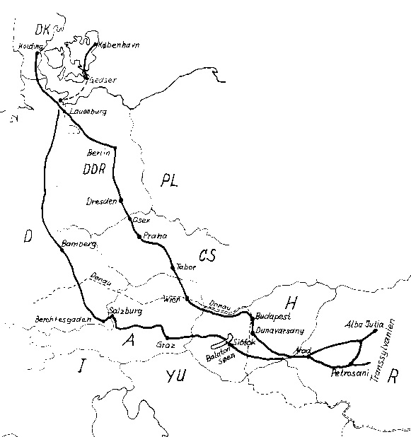 Touring Nyts kort over turen gennem Tyskland, DDR, Csekoslovakiet, Østrig, Ungarn og Rumænien