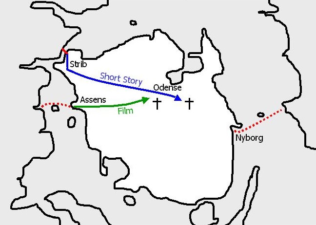 De forskellige veje i novellen og kortfilmen - A map of Fyn with the routes for the short story and the film