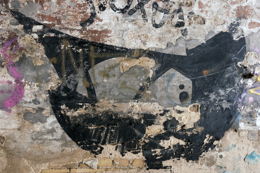 Photo 19045: Worn, grey, plastered wall with black, white, light brown and purple patterns