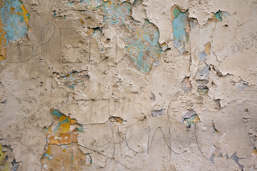 Photo 24191: Decayed, plastered wall in yellow, light blue and light grey colours