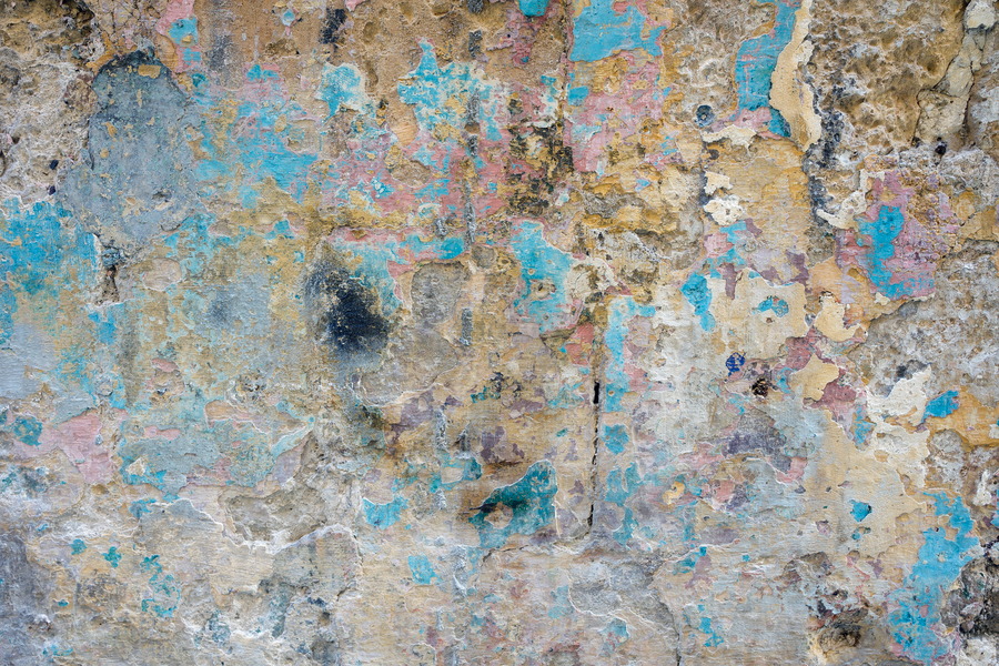 Photo 24192: Decayed, plastered wall in blue, red and grey colours