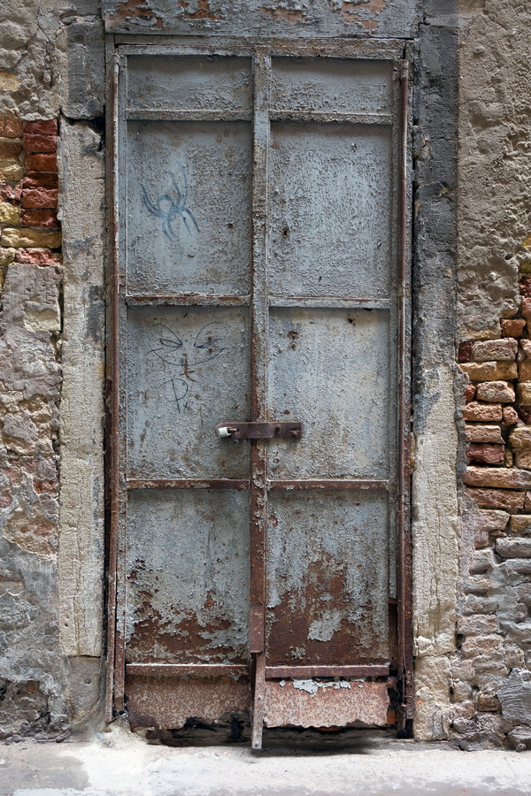 Photo 24768: Decayed, light blue and rusty metal double door