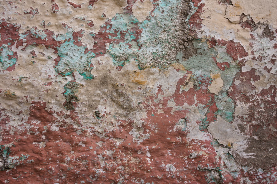 Photo 27443: Decayed, plastered wall in turqouise, yellow and red colours