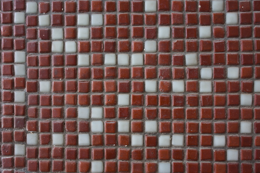 Photo 27504: Mosaic wall of small, red and white tiles