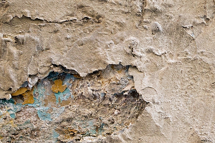 Photo 24191: Decayed, plastered wall in yellow, light blue and light grey colours