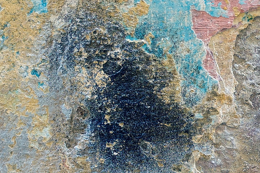 Photo 24192: Decayed, plastered wall in blue, red and grey colours