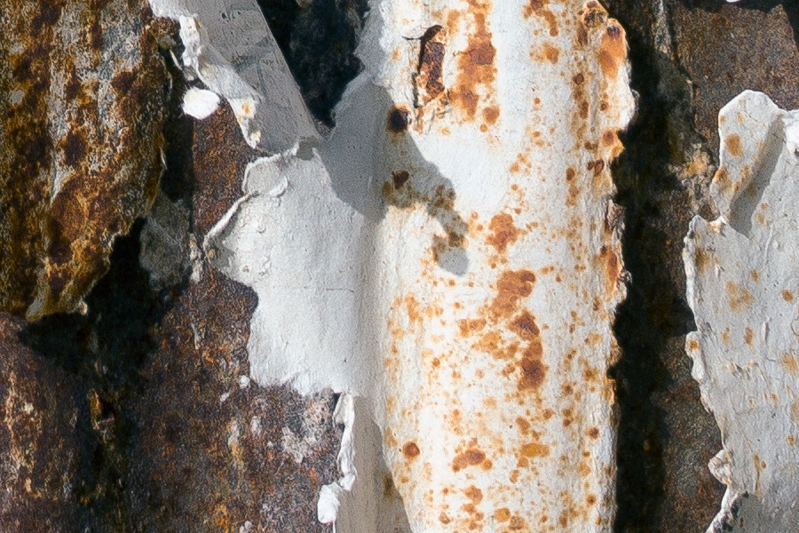 Photo 24439: Decayed white and rusty wall of corrugated iron