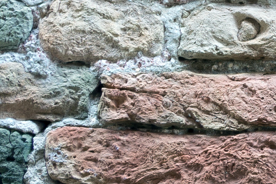 Photo 24788: Decayed brick wall in red, yellow and blue colours