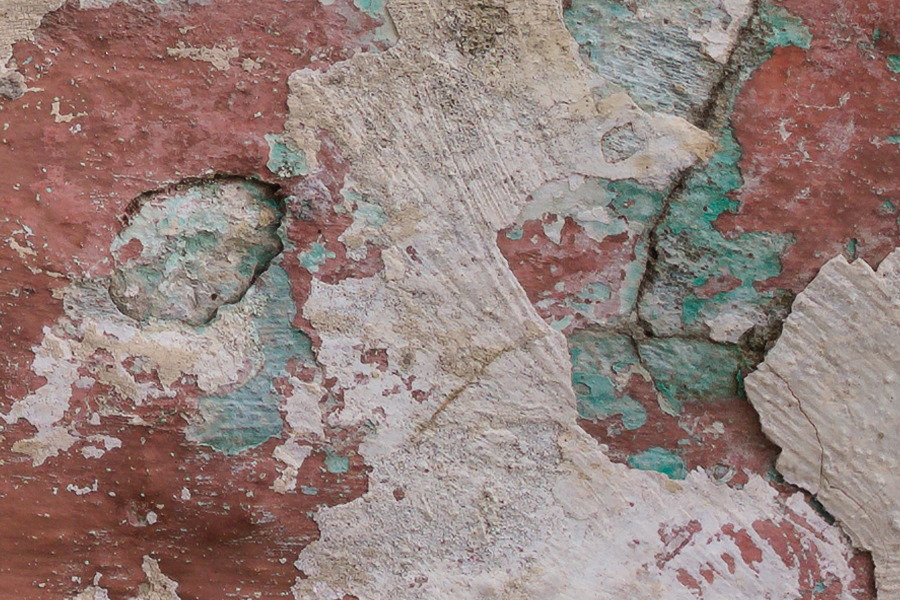 Photo 27443: Decayed, plastered wall in turqouise, yellow and red colours